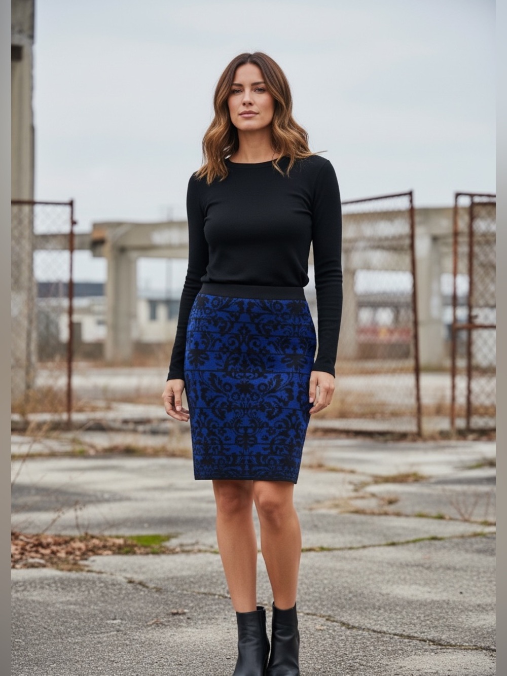 Blue Black Bodycon Skirt Forever 21 Large Floral Knit Stretch Y2K Pencil